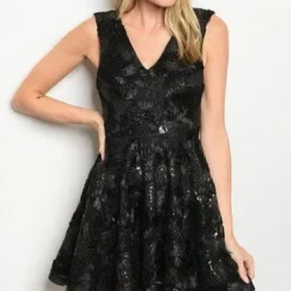 Embroidery and Sequin Details Holiday Party Black Mini Dress